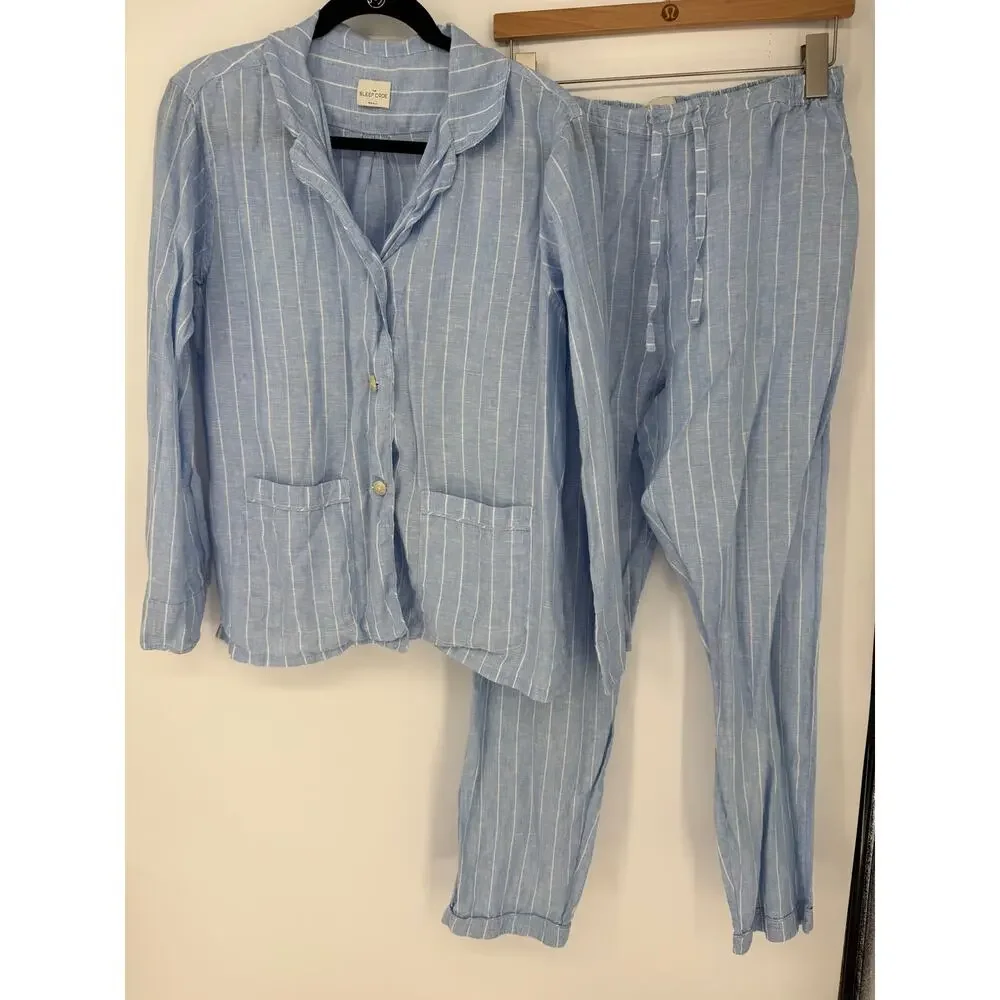 The Sleep Code Pajama Set Striped Linen Long PJ Blue White Size Small S
